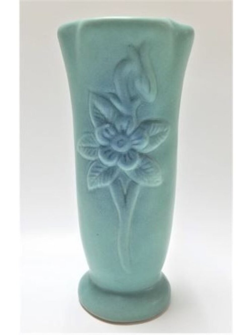 Van Briggle Pottery Ming Blue Vase 8.5" Molded Flower Colo Springs MC No Damage